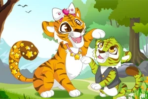 Dos tigres caricaturizados, uno con lazo rosa y collar de estrellas, juegan alegremente en un bosque