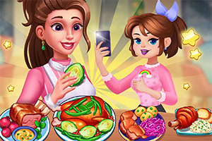 Dos personajes animados sonríen mientras preparan y fotografían varios platos coloridos, incluyendo verduras, carne y pan