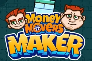 Dos rostros de dibujos animados con expresiones serias encima del texto Money Movers Maker en letras coloridas y un fondo oscuro
