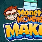 Dos rostros de dibujos animados con expresiones serias encima del texto Money Movers Maker en letras coloridas y un fondo oscuro