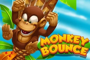 Mono animado alegre colgándose de un árbol con el texto Monkey Bounce al frente