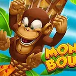Mono animado alegre colgándose de un árbol con el texto Monkey Bounce al frente