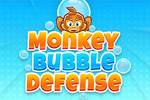 Título Monkey Bubble Defense con un mono con casco de burbuja al fondo y burbujas alrededor