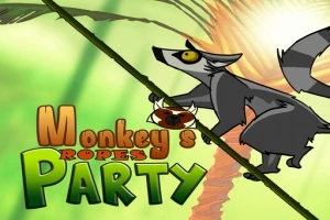 Un lémur trepa una cuerda en una selva iluminada por el sol con el texto Monkeys Ropes Party