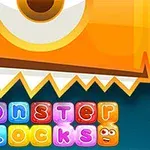 Bloques de colores con caras sonrientes debajo de un monstruo naranja con un solo ojo y dientes en zigzag