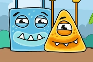 Dos criaturas caricaturescas, una azul y cuadrada con dientes visibles, y otra amarilla en forma de triángulo con un solo ojo y colmillos, posando juntas