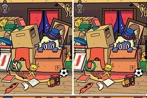 Habitación desordenada con cajas, un peluche amarillo, un monstruo con sombrero asomándose y diversos objetos como un balón de fútbol y un cubo de juguetes