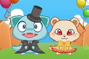 Dos personajes animados, uno azul con sombrero de copa y otro beige con vestido amarillo, están de pie en un campo verde con globos de colores y un cielo azul de fondo