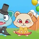Dos personajes animados, uno azul con sombrero de copa y otro beige con vestido amarillo, están de pie en un campo verde con globos de colores y un cielo azul de fondo