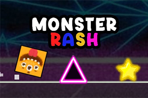 Título Monster Rash con un cuadrado de personaje animado, un triángulo rosa y una estrella amarilla sobre un fondo oscuro geométrico
