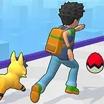 Personaje de animación corriendo junto a un tigre amarillo pequeño y esferas rojas y blancas en un entorno urbano