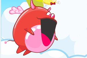 Un personaje caricaturesco y redondo de color rojo con una gran boca abierta y pequeñas alas sobre un fondo de nubes