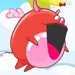 Un personaje caricaturesco y redondo de color rojo con una gran boca abierta y pequeñas alas sobre un fondo de nubes