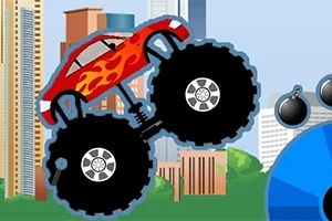 Coche rojo con llamas, llantas grandes y fondo urbano con edificios y algunos elementos circulares