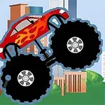Coche rojo con llamas, llantas grandes y fondo urbano con edificios y algunos elementos circulares