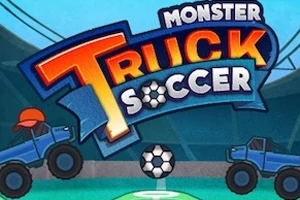 Dos camionetas monstruo azules con una pelota de fútbol en un estadio, con un título colorido en la parte superior