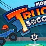 Dos camionetas monstruo azules con una pelota de fútbol en un estadio, con un título colorido en la parte superior