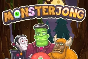 Títulos de monstruos con un vampiro, un monstruo verde y una criatura con cuernos en un bosque oscuro