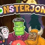 Títulos de monstruos con un vampiro, un monstruo verde y una criatura con cuernos en un bosque oscuro