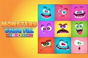 Cuadrícula de nueve monstruos coloridos con expresiones faciales distintas sobre un fondo naranja brillante