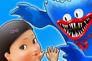 Una figura azul con dientes afilados y una cinta roja observa a un niño preocupado sobre un fondo azul