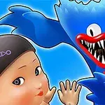 Una figura azul con dientes afilados y una cinta roja observa a un niño preocupado sobre un fondo azul