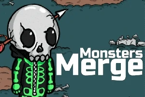 Personaje con calavera y sudadera verde junto a las palabras Monsters Merge sobre un fondo oscuro con restos de huesos