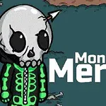 Personaje con calavera y sudadera verde junto a las palabras Monsters Merge sobre un fondo oscuro con restos de huesos