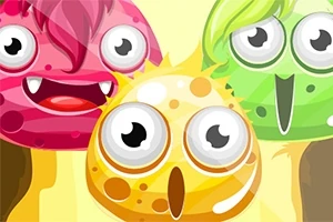 Tres criaturas coloridas de aspecto caricaturesco con ojos grandes y expresiones sorprendidas en un fondo amarillo