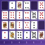 Cartas de baraja colocadas en una cuadrícula de 5x10, mostrando dígitos y figuras de diferentes palos en un fondo morado