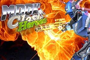 Un robot azul con detalles mecánicos sostiene un arma futurista frente a un fondo de llamas, junto a un logo que dice Moon Clash Heroes
