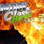 Un robot azul con detalles mecánicos sostiene un arma futurista frente a un fondo de llamas, junto a un logo que dice Moon Clash Heroes
