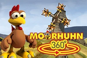 Un pollo animado en un paisaje con un molino de viento y texto que dice Moorhuhn 360°