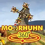 Un pollo animado en un paisaje con un molino de viento y texto que dice Moorhuhn 360°
