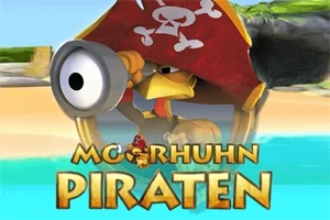 Un pollo con sombrero pirata y catalejo en una playa, con un barco pequeño y una bandera roja con una calavera
