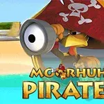 Un pollo con sombrero pirata y catalejo en una playa, con un barco pequeño y una bandera roja con una calavera