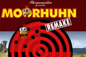 Portada con un título grande en amarillo MOORHUHN, un gallo animado como parte de las letras, un objetivo circular rojo y negro, y la palabra REMAKE en una etiqueta blanca