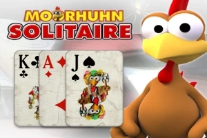 Un pollo caricaturesco junto a tres cartas de juego (K de tréboles, A de corazones, J de espadas) con la inscripción Moorhuhn Solitaire encima