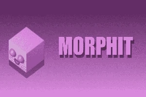 Cubo con cara sonriente en tonos morados junto a la palabra MORPHIT sobre un fondo degradado púrpura