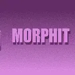 Cubo con cara sonriente en tonos morados junto a la palabra MORPHIT sobre un fondo degradado púrpura