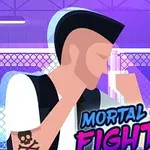 Ilustración de un luchador con corte de cabello mohicano y tatuaje de calavera, frente a una jaula en un escenario iluminado en tonos morados, con el texto Mortal Cage Fighter