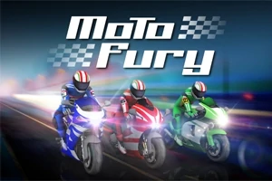 Tres motociclistas con cascos de carreras en motocicletas azul, roja y verde avanzan rápidamente sobre una carretera, con un fondo iluminado que sugiere velocidad