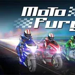 Tres motociclistas con cascos de carreras en motocicletas azul, roja y verde avanzan rápidamente sobre una carretera, con un fondo iluminado que sugiere velocidad