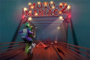 Motociclista con traje verde y morado realiza una acrobacia en un puente de madera iluminado, con un letrero brillante que dice Moto Maniac 2 en lo alto
