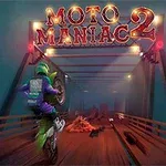 Motociclista con traje verde y morado realiza una acrobacia en un puente de madera iluminado, con un letrero brillante que dice Moto Maniac 2 en lo alto