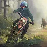 Persona en motocicleta escapando de un oso en un bosque