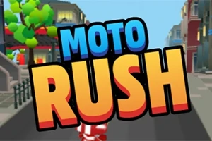 Texto en negritas Moto Rush sobre un fondo de ciudad animada con calles y edificios