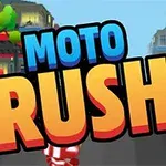 Texto en negritas Moto Rush sobre un fondo de ciudad animada con calles y edificios