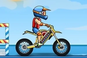 Una ilustración de un motociclista con casco y equipo de protección montando una motocicleta contra un fondo de cielo azul