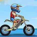 Una ilustración de un motociclista con casco y equipo de protección montando una motocicleta contra un fondo de cielo azul